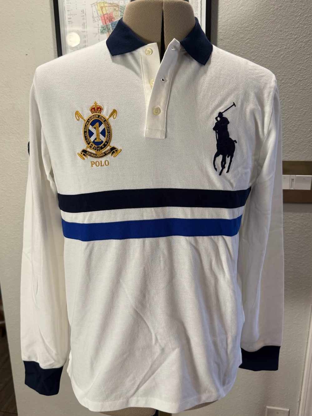 Polo Ralph Lauren Large Custom Slim Fit Big Pony Crest White Blue Rugby No. 1